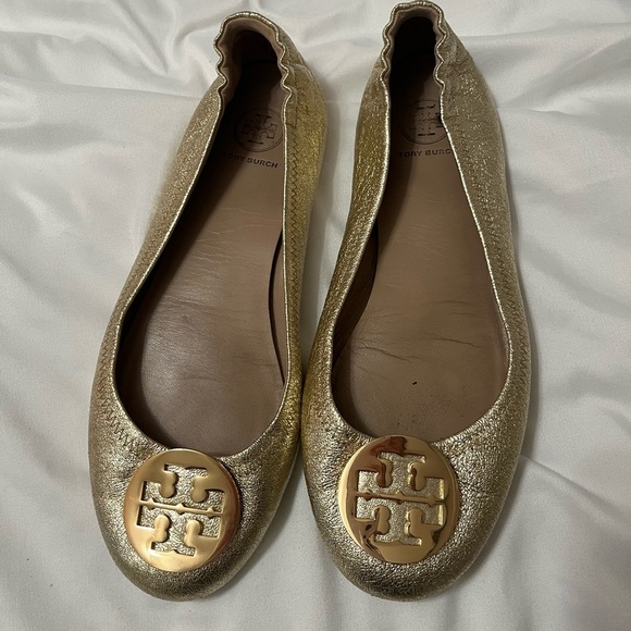 Tory Burch Reva Metallic Gold Logo Flats Size 8 - Picture 2 of 8